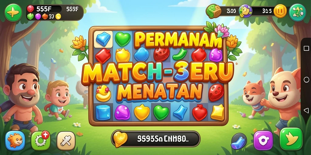 Screenshot gameplay 555F menunjukkan kombinasi permata Match-3 yang seru.