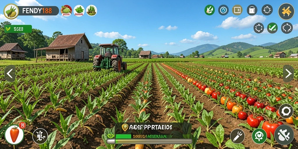 Tampilan gameplay seru dalam FENDY188 yang menunjukkan aktivitas pertanian.