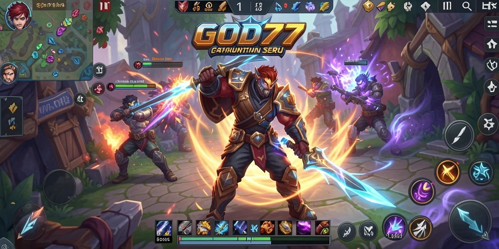 Screenshot gameplay <strong>GOD77</strong> menampilkan pertarungan antar karakter MOBA yang seru.