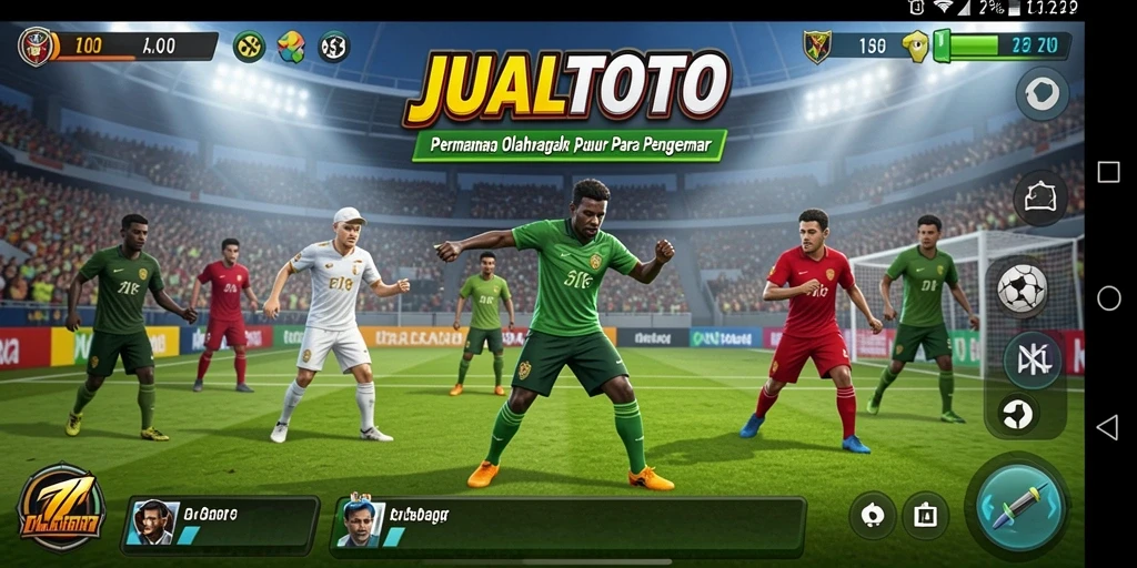 Screenshot utama JUALTOTO menampilkan pemain beraksi dalam permainan olahraga kompetitif.
