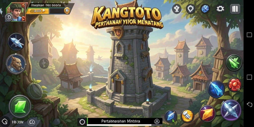 Screenshot gameplay KANGTOTO menampilkan pertahanan menara yang epik.