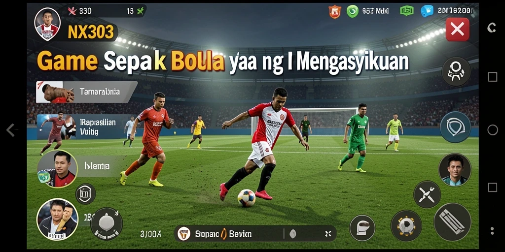 Screenshot gameplay NX303 menampilkan aksi seru di lapangan sepak bola.