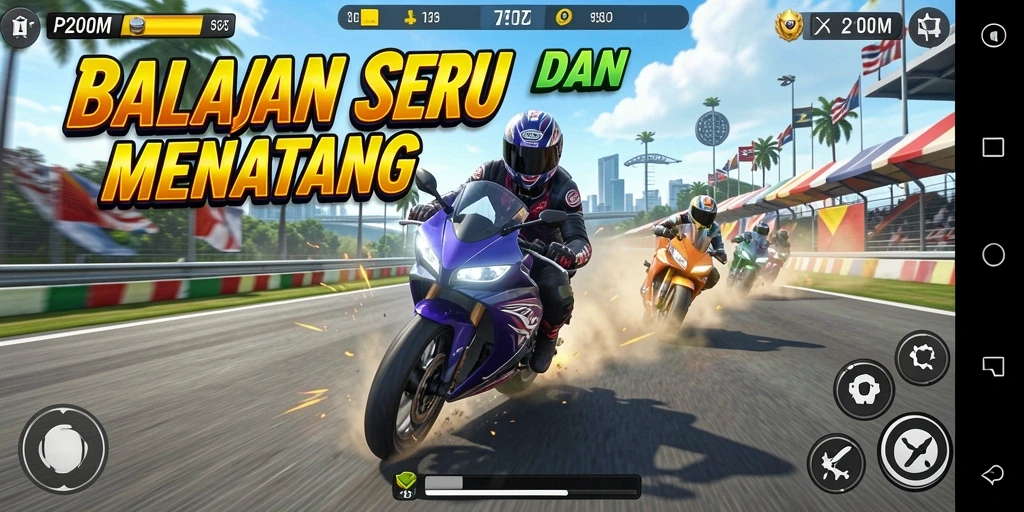 Screenshot gameplay P200M menunjukkan balapan motor yang intens dan menegangkan.
