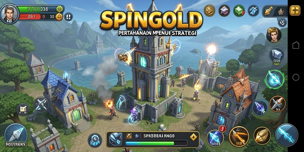 Tampilan Gameplay SPINGOLD dengan strategi menara yang menantang.