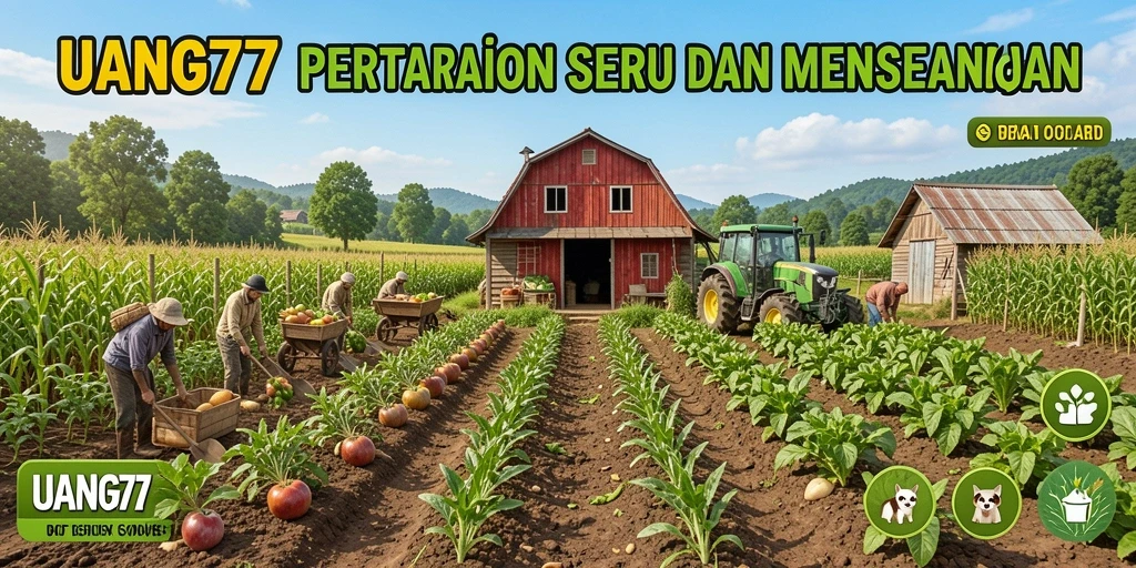 Tangkapan layar gameplay UANG77 menampilkan ladang yang subur dan sibuk.